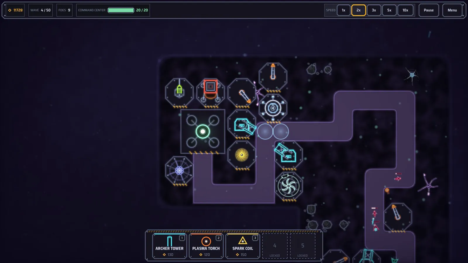 Gameplay: towers defending the maze