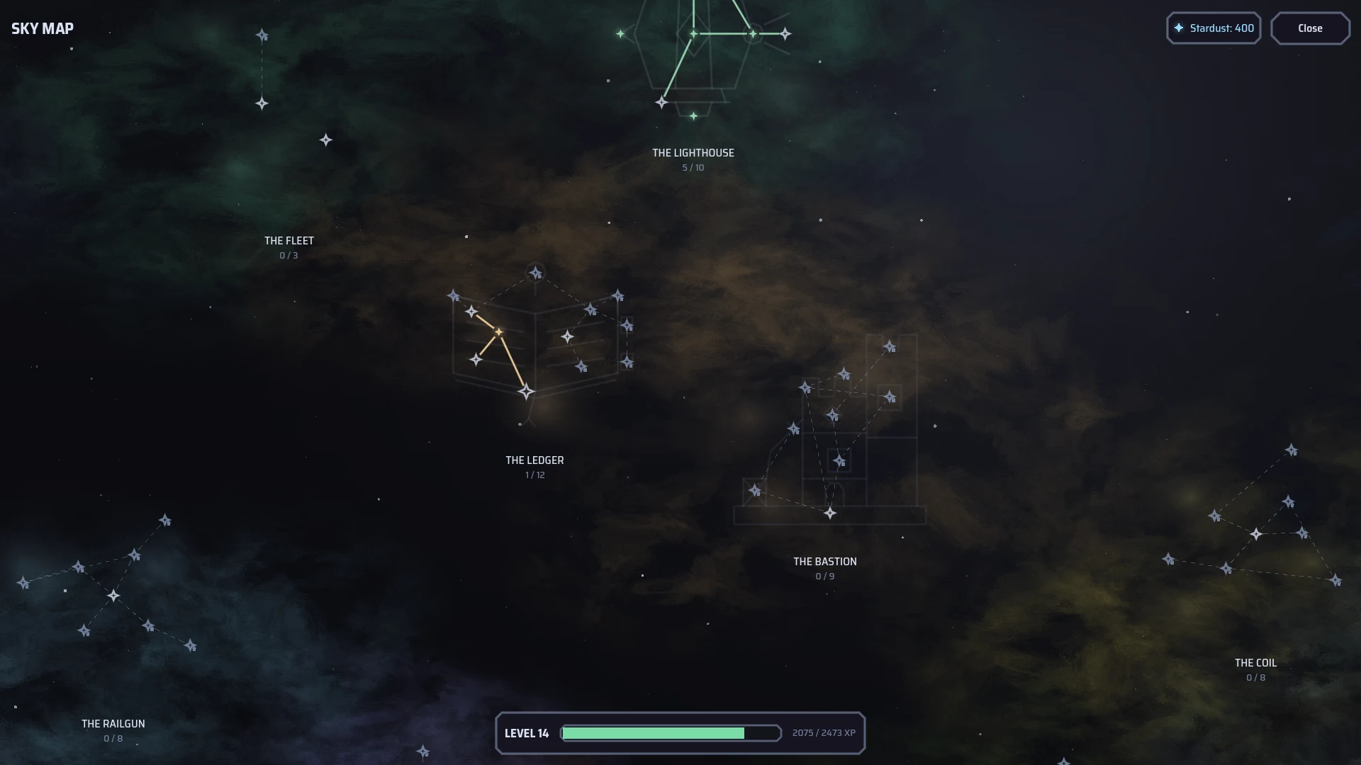 The constellation sky between runs: named constellations in nebula fields, waiting for stardust